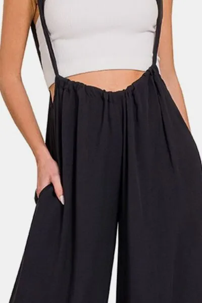 Tie Back Suspender Jumpsuit with Pockets in Black